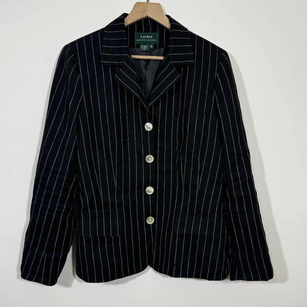 Lauren Ralph Lauren Women’s Linen Wool Blazer Black & White Pinstripe size 12 - Picture 1 of 7